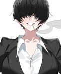  1girl black_hair bowl_cut breasts business_suit cigarette collarbone grin hair_over_eyes highres large_breasts looking_at_viewer messy_hair oh_(aung_ae) original pale_skin partially_unbuttoned pov shirt short_hair smile smoke smoking solo suit teeth translated upper_body white_background white_shirt 