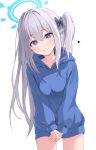  1girl absurdres blue_archive blue_halo blue_hoodie blush braid breasts closed_mouth cowboy_shot grey_hair hair_between_eyes halo heart highres hood hood_down hoodie leepy long_hair long_sleeves miyako_(blue_archive) miyako_(young)_(blue_archive) one_side_up purple_eyes simple_background small_breasts smile solo white_background 