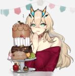 1girl bare_shoulders barghest_(fate) barghest_(like_a_lady)_(fate) blonde_hair blush breasts cake cleavage collarbone fate/grand_order fate_(series) food green_eyes horns jewelry large_breasts long_hair long_sleeves neck_ring off-shoulder_sweater off_shoulder open_mouth red_sweater solo sweater tan_(inka) 