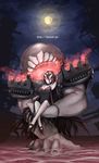  adjusting_hair bare_shoulders battleship battleship_hime black_dress black_hair breasts cleavage collar commentary_request dress full_body glowing glowing_eyes hachachi highres kantai_collection large_breasts long_hair looking_at_viewer military military_vehicle ocean oni_horns open_mouth pale_skin red_eyes saliva shinkaisei-kan ship short_dress sitting sleeveless smile solo turret very_long_hair warship watercraft white_skin 
