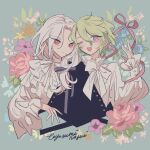  2boys bad_id bad_pixiv_id blue_background blue_flower closed_mouth collared_shirt conjoined cropped_torso ensemble_stars! floral_background flower frilled_shirt frills green_hair grey_hair hair_between_eyes hand_up long_hair long_sleeves looking_at_viewer male_focus meremero multiple_boys one_eye_closed open_mouth orange_flower pink_flower pink_ribbon pink_rose purple_eyes purple_flower ran_nagisa red_eyes ribbon rose shirt short_hair smile tomoe_hiyori upper_body white_shirt wide_sleeves yellow_flower 