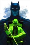  2boys batman batman_(series) black_shirt bowler_hat cane cape collared_shirt dc_comics domino_mask green_jacket green_pants hat highres holding holding_cane jacket looking_at_viewer mask mikel_janin multiple_boys necktie open_clothes open_jacket pants shirt shoes sitting the_riddler 