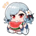  1girl admiralkeyes breasts chibi cleavage eating flower food fruit girls&#039;_frontline hair_flower hair_ornament highres large_breasts official_alternate_costume open_clothes red_eyes solo spas-12_(girls&#039;_frontline) spas-12_(midsummer_fruit)_(girls&#039;_frontline) swimsuit upper_body watermelon watermelon_slice wavy_hair 