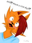 3:4 absurd_res anthro black_nose blush canid canine canis clothed clothing coyote coyotebass digital_media_(artwork) ear_tuft female fur hair happy hi_res looking_at_viewer mammal orange_body red_hair simple_background smile solo text tuft xanny_(coyotebass)