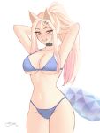  1girl absurdres ahri_(league_of_legends) animal_ears armpits arms_behind_head arms_up bare_arms bare_shoulders bikini black_choker blonde_hair blue_bikini blue_eyes blush breasts choker collarbone commentary facial_mark forehead grin groin hair_ornament hairclip highres large_breasts league_of_legends long_hair navel ponytail shio_aw signature simple_background smile solo standing swimsuit tail very_long_hair whisker_markings white_background 