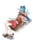  2girls :d =_= \||/ artist_name ascot ascot_between_breasts barefoot blue_dress blue_eyes blue_hair bow breasts brown_hair cirno commentary_request detached_sleeves dress dutch_angle frown full_body hair_bow hakurei_reimu hand_on_another&#039;s_leg happy highres hot ice ice_wings jitome knee_up knees_together_feet_apart long_sleeves looking_at_another looking_down lying medium_breasts medium_hair multiple_girls namuru_(twitter) nontraditional_miko on_back open_mouth puffy_short_sleeves puffy_sleeves red_bow red_skirt red_vest ribbon-trimmed_sleeves ribbon_trim sandals short_hair short_sleeves simple_background sitting skirt smile squiggle teeth touhou upper_teeth_only vest white_background white_sleeves wide_sleeves wings yellow_ascot 
