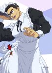  1boy alternate_costume ao_isami apron bara black_dress black_hair crossdressing dress enmaided facial_hair feet_out_of_frame frilled_apron frills highres holding holding_tray lageins large_pectorals maid maid_apron maid_headdress male_focus male_maid muscular muscular_male pectorals puffy_sleeves sideburns_stubble solo spiling stained_clothes standing stubble sweatdrop thick_eyebrows tray turn_pale white_apron wrist_cuffs yuuki_bakuhatsu_bang_bravern 