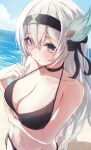  1girl absurdres arm_under_breasts bare_shoulders beach bikini black_bikini black_hairband blue_sky blush breasts cleavage closed_mouth cloud cloudy_sky collarbone commentary_request day firefly_(honkai:_star_rail) grey_hair hair_ornament hairband highres honkai:_star_rail honkai_(series) horizon large_breasts long_hair looking_at_viewer muginosa ocean purple_eyes sky solo swimsuit 