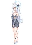  1girl alternate_costume animal_ears bare_shoulders blue_archive blue_halo blush breasts cleavage clov3r collarbone detached_sleeves dress earpiece fake_animal_ears full_body grey_dress grey_footwear grey_hair hair_between_eyes halo highres large_breasts long_hair miyako_(blue_archive) one_side_up open_mouth purple_eyes rabbit_ears shoes simple_background solo white_background 