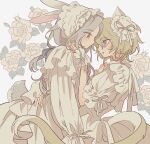  2boys absurdres animal_ears bad_id bad_pixiv_id bonnet cat_ears cat_tail closed_mouth cowboy_shot dress ensemble_stars! eye_contact floral_background from_side green_hair green_ribbon grey_hair hair_between_eyes hair_ribbon hand_on_another&#039;s_back hand_on_another&#039;s_face highres kemonomimi_mode long_hair long_sleeves looking_at_another male_focus meremero multiple_boys open_mouth profile puffy_long_sleeves puffy_sleeves purple_eyes rabbit_boy rabbit_ears rabbit_tail ran_nagisa ribbon robe short_hair smile tail tomoe_hiyori white_dress white_robe wrist_cuffs 