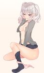  between_legs black_eyes black_skirt breasts cleavage collarbone fingering grey_shirt hand_between_legs heart heart-shaped_pupils highres inushi kantai_collection kashima_(kantai_collection) long_hair masturbation medium_breasts navel no_bra open_clothes open_shirt panties panties_around_one_leg pink_panties pleated_skirt shirt silver_hair simple_background skirt solo symbol-shaped_pupils twintails underwear 