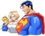  1boy 2girls annoyed black_hair blonde_hair blue_bodysuit blue_eyes blue_hair bodysuit breast_envy breasts cape cleavage_cutout closed_eyes clothing_cutout cousins dark_blue_hair dc_comics dual_persona frown girl_staring_at_guy&#039;s_chest_(meme) hairband highres large_breasts large_pectorals leotard long_hair medium_hair meme multiple_girls muscular muscular_male pectorals power_girl profile ratf red_cape red_hairband short_hair sketch small_breasts smile staring supergirl superman superman_(series) superman_logo upper_body white_bodysuit white_leotard 