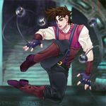  1boy blurry brown_gloves brown_hair clacker depth_of_field emeraudolupus fingerless_gloves gloves green_eyes han_sama highres jojo_no_kimyou_na_bouken joseph_joestar_(young) male_focus midair open_mouth smile solo stairs suspenders sweater_vest 