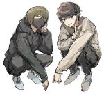  2boys black_hoodie black_mask black_pants blush_stickers brown_eyes brown_hair brown_sweater commentary_request elbow_on_knee elbow_rest full_body grin hand_up hood hoodie jiz_(pffbq) kiyo_(youtuber) long_sleeves looking_at_viewer male_focus mask mouth_mask multiple_boys pants real_life shoes short_hair simple_background sketch sleeves_past_wrists smile squatting sweater v white_background 