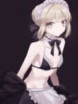  1girl apron artoria_pendragon_(alter_swimsuit_rider)_(fate) artoria_pendragon_(alter_swimsuit_rider)_(second_ascension)_(fate) artoria_pendragon_(fate) bikini bikini_top_only black_background black_bikini black_jacket black_ribbon black_skirt blonde_hair braid breasts brown_eyes cleavage collarbone commentary_request detached_collar expressionless fate/grand_order fate_(series) french_braid frilled_bikini_top frills hair_ribbon highres jacket looking_at_viewer maid maid_headdress meloettta navel neck_ribbon ribbon saber_alter short_hair simple_background skirt small_breasts solo stomach swimsuit waist_apron white_apron 