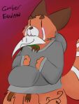  2024 ailurid anthro blush bottomless carrying_another clothed clothing colored colored_sketch digital_media_(artwork) duo english_text eyebrows grey_clothing hi_res hoodie hoodie_only inside_clothing male mammal open_mouth orange_body red_panda rockpankake roi_(rockpankake) simple_background size_difference sketch smile text thick_eyebrows topwear topwear_only white_body 
