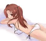  :d ass bare_arms bare_back bare_shoulders bikini black_ribbon brown_hair crossed_arms from_above from_behind from_side girls_und_panzer kadotani_anzu looking_at_viewer looking_to_the_side looking_up lying on_stomach open_mouth red_eyes ribbon side-tie_bikini smile solo swimsuit untied untied_bikini white_bikini yumesato_makura 