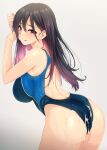  1girl :q ass black_hair blue_one-piece_swimsuit colored_inner_hair commentary_request competition_swimsuit cum cum_on_ass cum_on_clothes from_behind gradient_hair highleg highleg_swimsuit highres licking_lips long_hair multicolored_hair one-piece_swimsuit original pink_eyes pink_hair shu-ten standing sweat swimsuit tongue tongue_out 