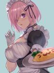  1girl absurdres breasts cleavage closed_mouth fate/grand_order fate_(series) glasses gloves hair_over_one_eye highres holding holding_tray large_breasts looking_at_viewer maid maid_headdress mash_kyrielight open_mouth pink_hair purple_eyes ri-ko short_hair skirt solo tray 