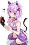  1girl ? animal_ears animal_hands bare_shoulders blush breasts butt_crack cat_ears cat_girl cat_tail cleavage closed_mouth criss-cross_halter dress efe gloves halterneck highres kemonomimi_mode kneeling long_hair looking_at_viewer no_shoes paw_gloves pink_hair purple_dress purple_eyes purple_thighhighs short_dress sleeveless sleeveless_dress small_breasts solo sweatdrop tail thighhighs vocaloid voiceroid yuzuki_yukari 