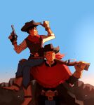  2boys belt boots bubblu cowboy_hat crossed_legs earrings english_commentary glint gloves gun hat highres holding holding_gun holding_weapon jewelry long_sleeves looking_back male_focus monkey_d._luffy multiple_boys one_piece person_on_shoulder rifle roronoa_zoro scar scar_on_face sidelighting sky smile weapon 