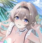  1girl absurdres bare_shoulders black_hairband blue_sky breasts cleavage day firefly_(honkai:_star_rail) grey_hair grin hair_intakes hairband highres honkai:_star_rail honkai_(series) long_hair looking_at_viewer ocean outdoors purple_eyes sicle sky smile solo unfinished upper_body very_long_hair water 
