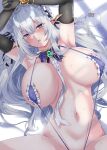  1girl areola_slip arms_up bare_shoulders blue_eyes blush breasts elbow_gloves elf gloves highres large_breasts long_hair looking_at_viewer lying navel on_back original pointy_ears shirosuzu slingshot_swimsuit solo swimsuit thighs white_hair 
