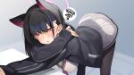  1girl absurdres animal_ears bent_over black_hair black_jacket black_pantyhose blue_archive blush breasts cat_ears cleavage covered_nipples extra_ears feet_out_of_frame halo highres hood hooded_jacket jacket kazusa_(blue_archive) long_hair long_sleeves looking_at_viewer medium_breasts paid_reward_available pantyhose partner_(kprtnr) pink_eyes shirt short_hair skirt solo spoken_squiggle squiggle standing sweatdrop table white_shirt white_skirt 
