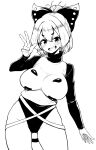  1girl absurdres adapted_costume blush bow breasts cowboy_shot greyscale groin hair_bow high_contrast highres himajin_noizu kurodani_yamame large_breasts looking_at_viewer monochrome open_mouth short_hair simple_background solo touhou w 