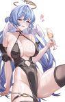  1girl alternate_breast_size alternate_costume arm_support bare_shoulders black_dress black_sleeves black_thighhighs blue_eyes blue_hair blue_nails blue_pupils blush breasts champagne_flute chinoa cleavage collarbone commentary covered_nipples cup detached_sleeves diamond-shaped_pupils diamond_(shape) dress drinking_glass embarrassed english_commentary feet_out_of_frame groin hair_between_eyes hair_bun halo head_wings heart highres holding holding_cup honkai:_star_rail honkai_(series) huge_breasts jewel_under_eye knees_out_of_frame long_hair looking_at_viewer nail_polish open_mouth paid_reward_available patreon_username pelvic_curtain robin_(honkai:_star_rail) sidelocks simple_background single_hair_bun sitting skindentation smile solo sweat symbol-shaped_pupils thigh_strap thighhighs thighs very_long_hair white_background wings 