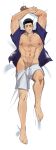  1boy abs ao_isami arms_up bare_pectorals bed_sheet black_hair clothes_pull dakimakura_(medium) facial_hair from_above full_body highres large_pectorals looking_at_viewer lying male_focus muscular muscular_male navel nipples official_alternate_costume on_back open_clothes open_shirt pectorals shaved_body shorts shorts_pull sideburns_stubble sokkong_(sokkongs2) solo stomach stubble thick_eyebrows tsurime yuuki_bakuhatsu_bang_bravern 