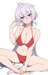  1girl ahoge bikini breasts commentary_request grey_hair hair_between_eyes hand_fan indian_style large_breasts long_hair looking_at_viewer low_twintails purple_eyes red_bikini senki_zesshou_symphogear simple_background sitting solo sweat swimsuit tsukamoto_kensuke twintails white_background yukine_chris 