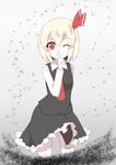  ;) bad_id bad_pixiv_id black_skirt black_vest blonde_hair closed_mouth collared_shirt finger_to_mouth frilled_skirt frills grey_background hand_up highres index_finger_raised legs_together long_sleeves looking_at_viewer necktie nenosame one_eye_closed red_eyes red_neckwear rumia shirt short_hair shushing simple_background skirt smile solo standing touhou vest white_skin wing_collar 