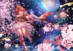  cherry_blossom dress female flower hair_flower hair_ornament highres moon night original red_eyes red_hair sandals sky smile solo star_(sky) terai tied_hair tree twintails water 