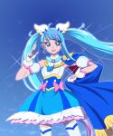  1girl blue_cape blue_dress blue_eyes blue_hair blue_sky bow brooch cape clear_sky commentary cowboy_shot cure_sky cut_bangs detached_sleeves dress dress_bow earrings fingerless_gloves frilled_dress frills fringe_trim gloves gradient_hair hirogaru_sky!_precure holding holding_cape holding_clothes jewelry long_hair looking_at_viewer magical_girl moritakusan multicolored_hair open_mouth pink_bow pink_hair precure puffy_detached_sleeves puffy_sleeves red_cape salute short_dress single_sidelock sky sleeveless sleeveless_dress smile solo sora_harewataru sparkle standing streaked_hair thighhighs twintails two-finger_salute two-sided_cape two-sided_fabric two-tone_dress two-tone_hair very_long_hair white_dress white_gloves white_thighhighs wing_brooch wing_hair_ornament 