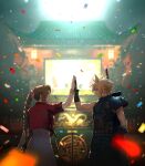  1boy 1girl aerith_gainsborough architecture armor backlighting bandaged_arm bandages belt blonde_hair blue_sweater bracelet braid brown_belt brown_gloves brown_hair buster_sword cheering cloud_strife commentary commentary_request confetti cropped_jacket crowd dragon dress east_asian_architecture facing_away facing_to_the_side final_fantasy final_fantasy_vii final_fantasy_vii_remake from_side gloves green_eyes grin hair_ribbon hand_up high_five highres indoors jacket jewelry light_smile long_hair looking_at_another multiple_belts night noinoichebura pants parted_bangs pauldrons pink_dress pink_ribbon ponytail red_jacket ribbon short_hair short_sleeves shoulder_armor sidelocks single_pauldron sleeveless sleeveless_sweater sleeveless_turtleneck smile spiked_hair standing suspenders sweater sword sword_on_back turtleneck turtleneck_sweater upper_body weapon weapon_on_back 