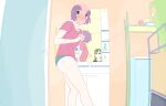  2girls bathroom black_shirt collarbone commentary door female_pervert green_eyes green_hair green_panties hatsuseno_alpha hibi_kaiyou highres long_hair looking_at_another mirror multiple_girls object_on_head panties panties_on_head pervert pink_panties pink_shirt polka_dot polka_dot_panties purple_hair reflection shirt short_hair sink standing takatsu_kokone underwear walk-in yokohama_kaidashi_kikou 
