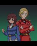  2girls amuro_ray belt blonde_hair blue_eyes blue_jacket brown_hair char&#039;s_counterattack char_aznable clenched_hand crossed_arms earrings earth_federation genderswap genderswap_(mtf) gundam highres jacket jewelry lipstick long_sleeves makeup military military_uniform multiple_girls neo_zeon red_jacket shirt short_hair simple_background turtleneck uniform yy0880yy 