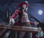  1boy abs absurdres beard black_hair castle closed_mouth cloud cloudy_sky commentary cross cross_necklace dracule_mihawk english_commentary facial_hair full_moon hat_feather highres holding holding_sword holding_weapon jewelry latin_cross male_focus moon mustache necklace night one_piece open_clothes outdoors photoshop_(medium) realistic short_hair sideburns signature sky solo sword valkhar weapon yellow_eyes 