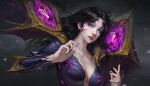  1girl absurdres black_hair blue_eyes breasts cleavage commentary_request earrings facial_mark highres jewelry kai&#039;sa league_of_legends long_hair looking_at_viewer medium_breasts mole mole_under_eye nail_polish no_bra parted_lips purple_nails red_lips solo upper_body zhongguoduliu 