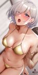  1boy 1girl :o arms_behind_back bikini blue_eyes blush breasts cleavage commentary_request grabbing_another&#039;s_arm grey_hair hetero highres implied_sex infinote large_breasts navel open_mouth original sashou_mihiro_(infinote) short_hair solo_focus stomach sweat swimsuit yellow_bikini 