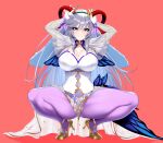  1girl absurdres animal_ears ass_visible_through_thighs blue_hair breasts cleavage commission curled_horns fake_animal_ears fire_emblem fire_emblem_heroes floppy_ears flower freyja_(fire_emblem) freyja_(spring)_(fire_emblem) gloves goat_horns grey_hair grin hair_ornament headband highres horns huge_breasts leotard long_hair looking_at_viewer mature_female monochrome_background multicolored_hair official_alternate_costume open_mouth pantyhose porougon purple_pantyhose rabbit_ears rabbit_pose red_eyes red_horns ribbon see-through smile solo squatting wrist_ribbon 