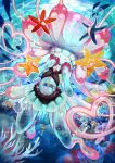  1girl air_bubble animal bikini black_bikini blue_background blue_hair bubble closed_mouth clownfish commentary_request coral_reef facing_viewer fish full_body hands_up heart heart_hair highres holding holding_animal jellyfish_girl long_hair minksama monster_girl original pink_hair pink_lips prehensile_hair see-through_body smile solo sparkle starfish swimsuit tentacle_hair underwater very_long_hair 