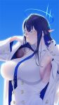  armpits blue_archive blue_eyes blue_hair breasts cleavage collar collared_shirt glasses gloves halo ion_(cation) long_hair looking_to_the_side necktie pointy_ears rin_(blue_archive) shirt simple_background sweaty_armpits white_gloves 