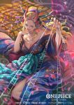  1girl aqua_sash bisaiiiii black_kimono black_maria_(one_piece) blonde_hair blue_eyes breasts comb copyright_name earrings english_text floral_print flower hair_flower hair_ornament hair_stick horns japanese_clothes jewelry kimono large_breasts long_hair lying official_art oiran on_side one_piece one_piece_card_game print_kimono red_horns red_lips silk smile spider_web teeth tongue tongue_out 