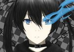  black_hair black_rock_shooter black_rock_shooter_(character) blue_eyes burning_eyes chain checkered checkered_background collar highres isane long_hair looking_at_viewer solo 