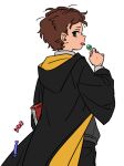  1boy black_eyes book brown_hair candy cloak food freckles from_behind harry_potter_(series) hogwarts_school_uniform holding holding_book holding_candy holding_food holding_lollipop hood hood_down hooded_cloak hufflepuff lollipop long_sleeves looking_back male_focus school_uniform scott_malkinson short_hair solo ten_(lu2948d) tongue tongue_out wizarding_world wrapped_candy 