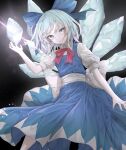  1girl black_background blue_dress blue_eyes blue_hair bow bowtie cirno commentary_request detached_wings dress highres ice ice_wings looking_at_viewer red_bow red_bowtie short_hair short_sleeves simple_background smile solo touhou tqg_07 wings 