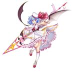  1girl adapted_costume bat_wings blue_hair frilled_skirt frills full_body hat hat_ribbon high_heels highres holding holding_weapon looking_at_viewer open_mouth polearm red_eyes red_ribbon remilia_scarlet remilia_scarlet_(magical_girl_of_scarlet_stars) ribbon ribbon-trimmed_skirt ribbon_trim rotte_(1109) short_hair simple_background skirt socks solo spear third-party_source touhou touhou_lostword weapon white_background white_hat white_skirt white_socks wings 