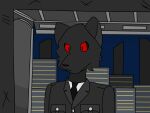  4:3 anthro black_body black_fur canid canine city city_background clothed clothing fur hi_res jack(zefzec) male maleherm_(lore) mammal night red_eyes solo suit zefzec 